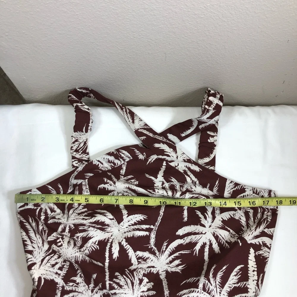 Express Cotton Blend Brown White Tropical Halter Neck Summer Brunch Midi Dress M - Picture 12 of 15